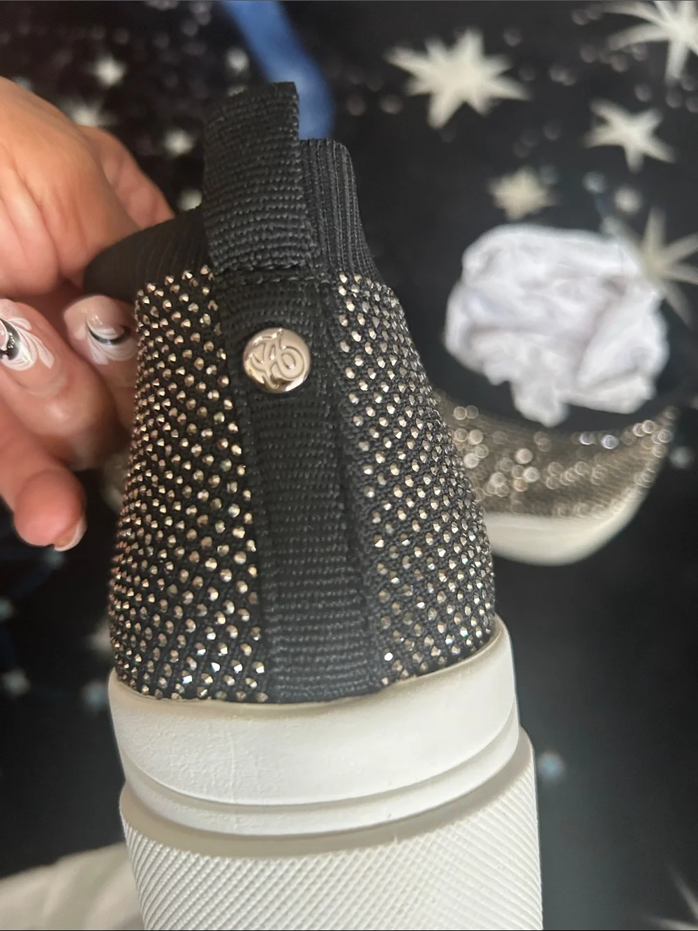 Alex Marie Women's Black Knit Slip-On Sneakers with Crystal Accents